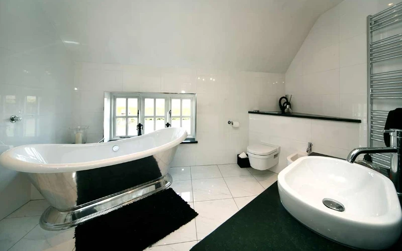 A black and white bathroom with a view